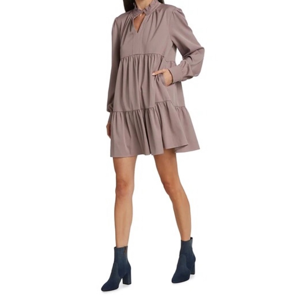 En Saison Tiered Babydoll Dress Peasant Band Collar Long Sleeve Mushroom M - Picture 1 of 16